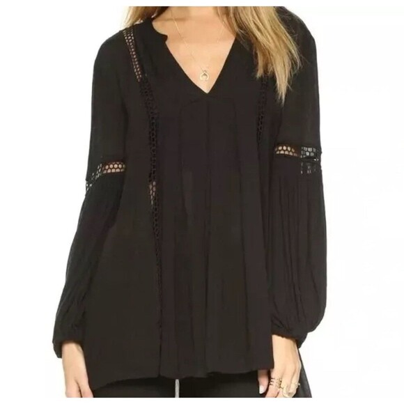 FREE PEOPLE Black Just the Two of Us Crochet Lace Inset High Low Tunic Top XS - Picture 2 of 15